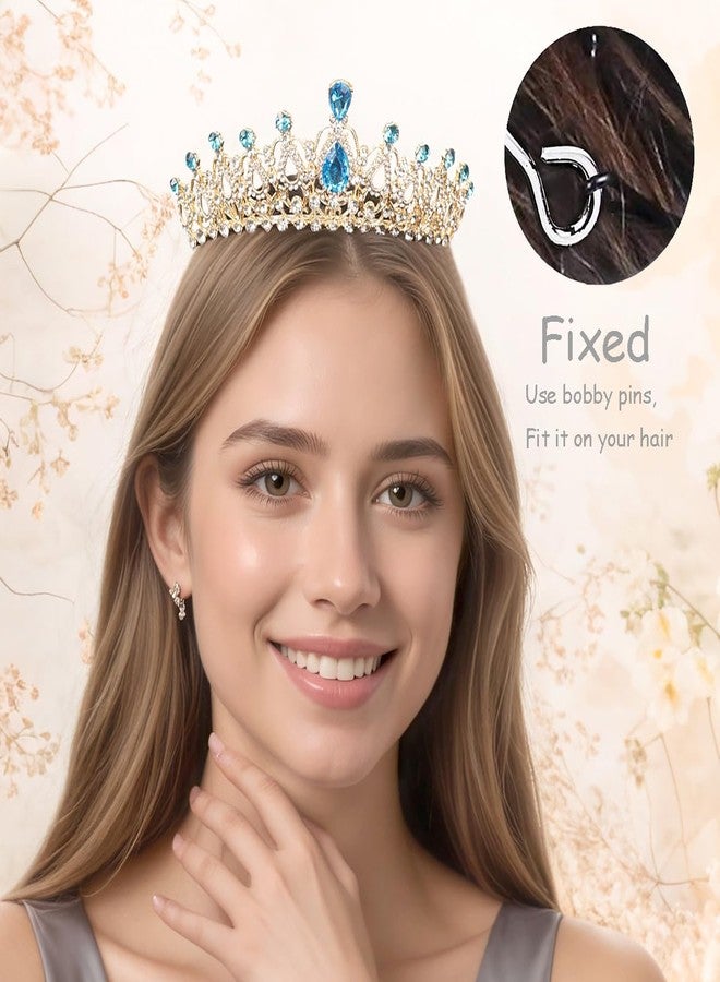 Rannyrena Crystal Wedding Tiaras and Crowns for Women Elegant Royal Queen Crown Sparkling Rhinestone Bridal Headbands Princess Quinceanera Headpieces for Birthday Prom Pageant Party (Gold-light blue) - Image 2